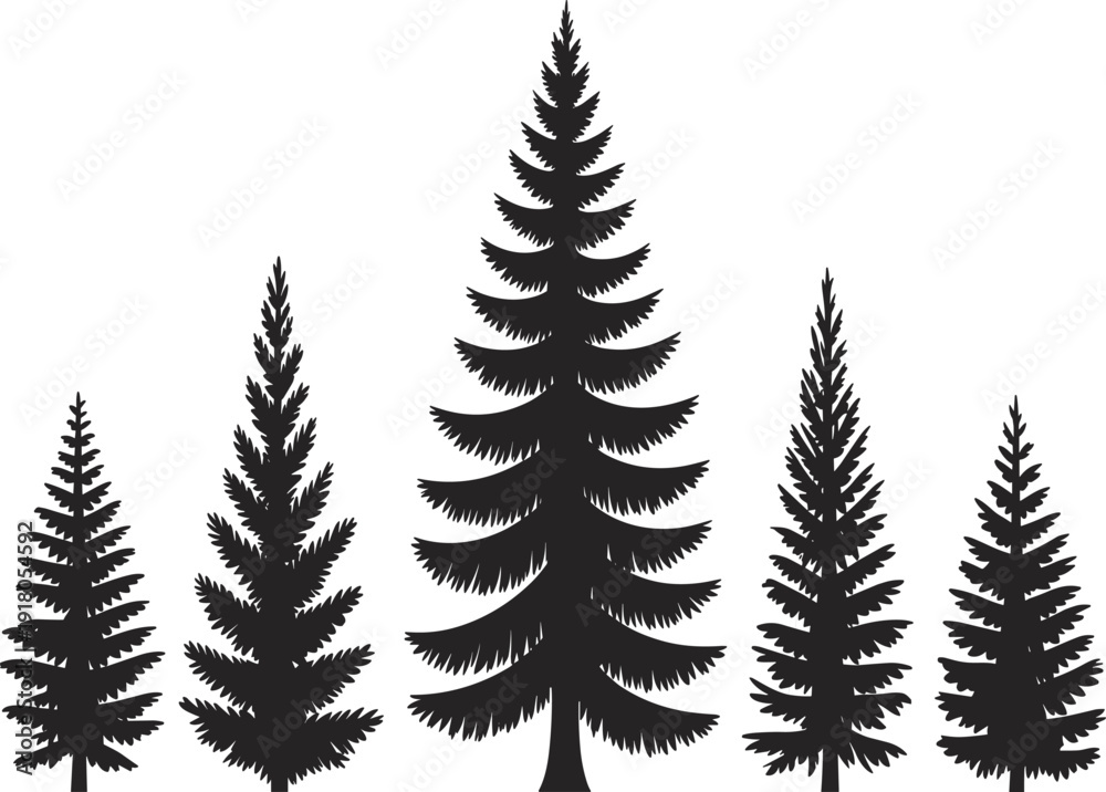 Obraz premium Silhouette evergreen trees, conifer forest illustration, black pine shapes, nature design, woodland art, fir tree diversity, vector background, landscape graphic