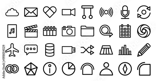 Universal interface line icon set featuring vector pictograms of cloud, mail, heart, camera, calendar, folder, airplane, chat, database, and chart, thick outline style.