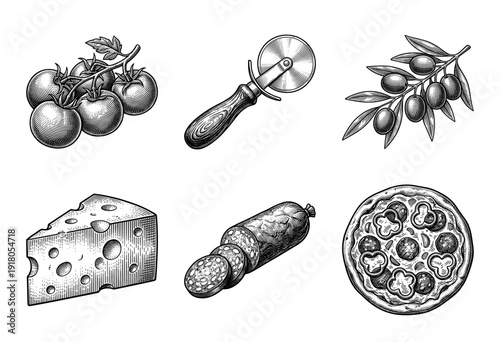 Set of pizza ingredients and cooking equipment in vintage woodcut engraving style including tomatoes olives cheese salami and cutter.