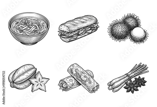 Collection of traditional Vietnamese food and tropical fruits in detailed woodcut style black and white engraving