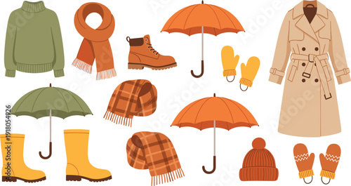 Autumn fall clothing and accessories illustration set vector isolated on white background