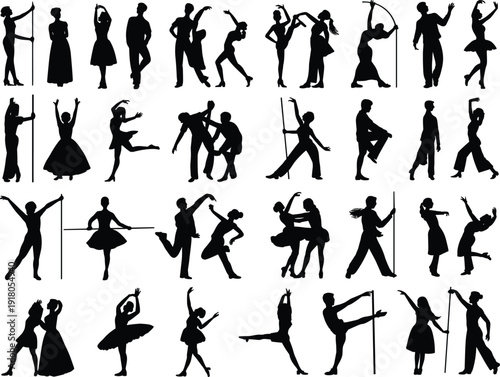 Collection of elegant dancing silhouettes showing ballet modern jazz and couple poses isolated on white background vector illustration design set
