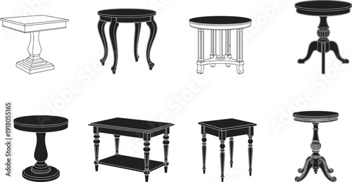 Classic vintage table furniture silhouette set, round pedestal and wooden side tables collection, antique interior vector illustration decorative design elements