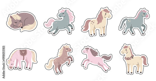Cute Horse Sticker Set, Pastel Pony Vector Illustrations