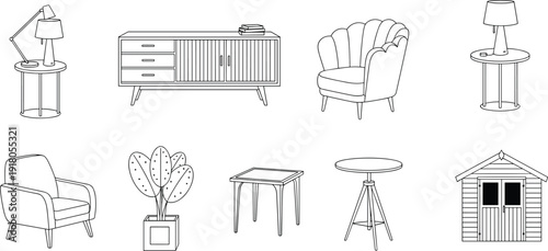 Home furniture outline vector set, armchair cabinet table lamp plant decor elements collection, modern interior line art illustration design