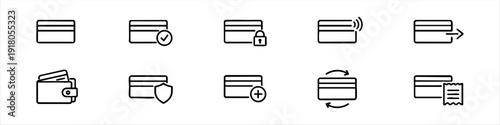 Collection of modern credit card line icons for fintech and banking. Symbols for secure payment, contactless transactions, transfers, and wallets.