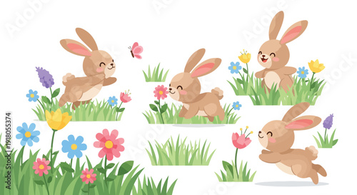 Four cartoon bunnies running playfully among colorful flowers and grass on a white background in a whimsical scene.