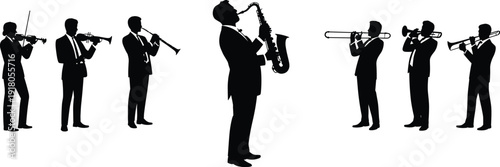 Silhouette musicians playing violin, trumpet, clarinet, saxophone, trombone, jazz band performance, classical ensemble, musical instruments, formal attire, concert