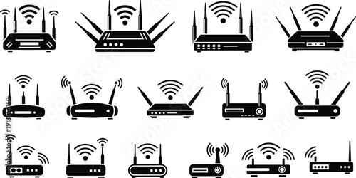 Large Silhouette Collection of Wireless WiFi Routers and Modems with Multiple Antennas for High Speed Internet, Network Connectivity, and Technology
