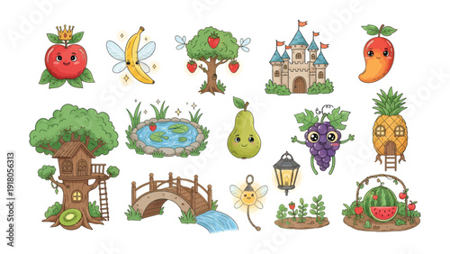 Magical Fruit and Enchanted Elements: A whimsical assortment of animated fruits, whimsical structures and charming elements creates a delightful scene of enchantment and childhood joy. 