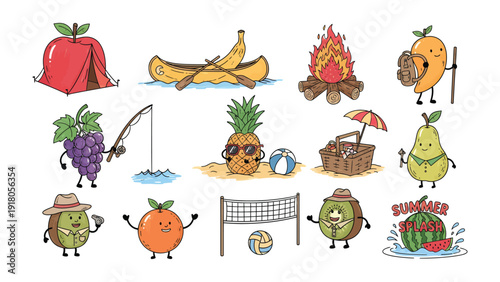 Summer Fruits Collection: Playful illustrated fruits enjoying the summer. Capture the charm of vacation, outdoor activities and recreation.