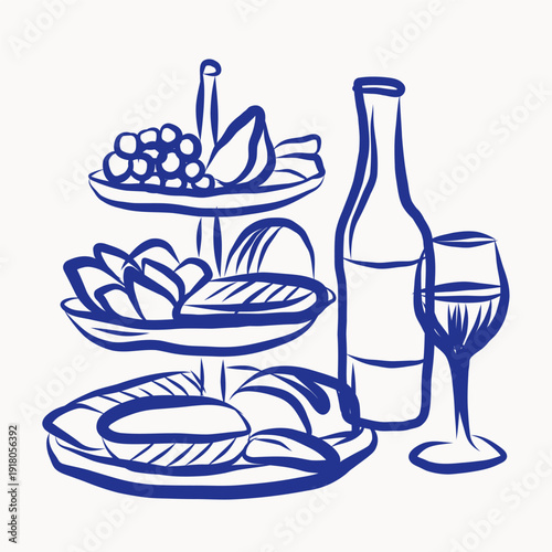 Mediterranean Sea Resort Life Vibes.  Wine Glass and Food Fruit, Meat, Cheese Dish. Summer Rest and Vacation Tropical Resort Travel Decorative Contour Line Symbol