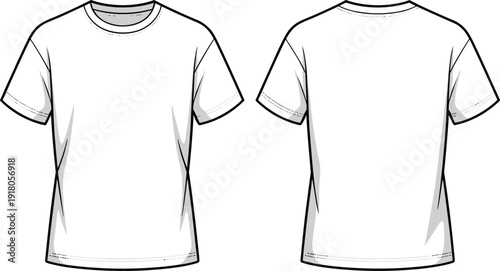 Front and back view blank t shirt template vector outline, realistic short sleeve apparel mockup for custom print design, fashion branding and clothing production
