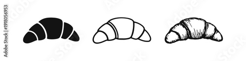 Croissant Icons Set - Silhouette, Outline, and Hand-Drawn Sketch Styles