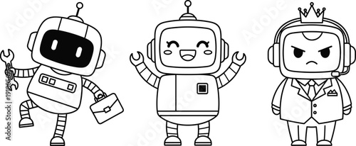 Set of Cute Cartoon Robot Characters Including a Worker with Wrench, Happy Smiling Droid, and Angry King Robot in Suit, Line Art Isolated on White Background