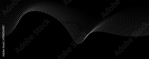 Wave dots abstract pattern. Flow of white curved dotted lines vector illustration isolated on black background. Dynamic shiny swirl backdrop. Digital, technology, ia, music, modern design element.