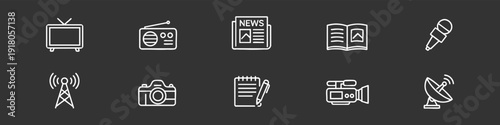 Media and journalism icon set in white line art style on dark background, including television, radio, newspaper, camera, and microphone.