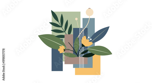 Illustration of plants and leaves in a modern abstract composition with geometric shapes and vibrant colors from a frontal viewpoint.