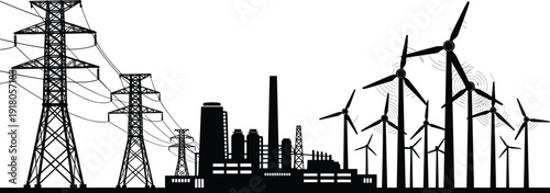 Energy production landscape with transmission towers, industrial power plant and wind turbines representing electricity generation, renewable energy transition and modern sustainable infrastructure
