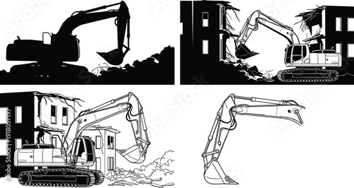 Excavator demolition machinery silhouettes set, construction equipment destroying building vector illustration isolated, heavy machinery industry, urban 