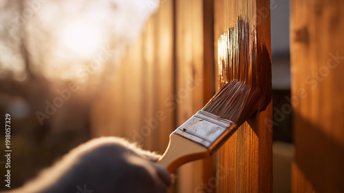 Hand brushing protective stain onto wooden fence, enhancing property and ensuring wood preservation during home maintenance