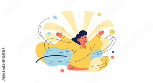 Dynamic illustration of a woman dancing freely with expressive movements and vibrant colors in a lively atmosphere from a front viewpoint