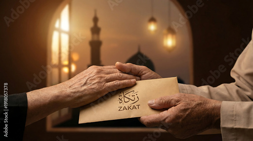 Hands exchanging zakat envelope with mosque in background - ramadan -eid al-fitr