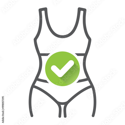 Woman metabolism good digestion monochrome line icon, vector, illustration. Female belly and checkmark symbol of health stomach.  Healthcare and weight loss.