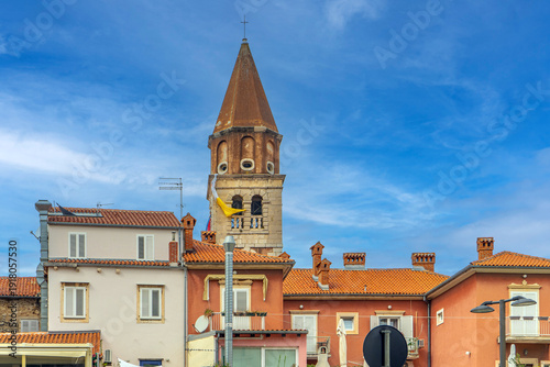 Bell tower of the Church of St. Simeon in Zadar, Croatia.