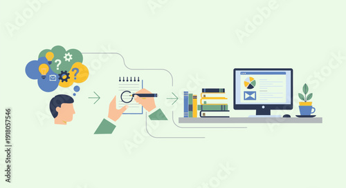 Illustration of a person examining a magnifying glass with a computer screen and books nearby showcasing the process of searching and learning
