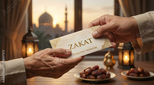 Hands exchanging zakat during Ramadan with mosque view - ramadan -eid al-fitr