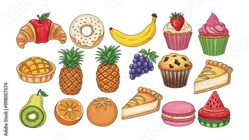 Assorted Delights: A vibrant array of delectable baked goods and fresh fruits, arranged for a mouthwatering still life that captures the essence of sweetness and health.