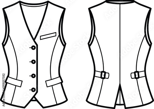 Men’s tailored waistcoat vest front and back technical fashion flat sketch vector illustration, formal sleeveless jacket garment design template isolated on white background