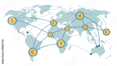 Global financial connections with currency symbols on world map