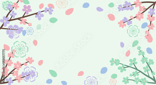 Illustration of floral branches with blossoms and leaves from a top-view perspective