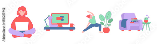 Flat Vector Remote Work and Wellness Graphic Set for Home Office Lifestyle Branding