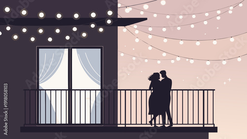 Couple embracing on balcony with string lights at night