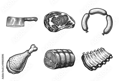 Set of meat products and butcher cleaver in vintage woodcut engraving style including steak sausage chicken leg roast and ribs.