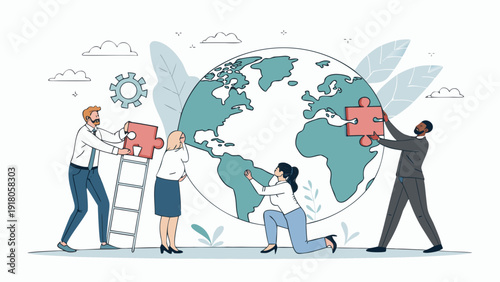 Diverse team working together to complete global puzzle