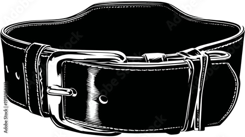 A black and white illustration of a thick leather belt with a silver buckle