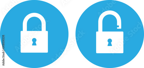 Secure and unlocked padlock icons in blue circles for security concepts