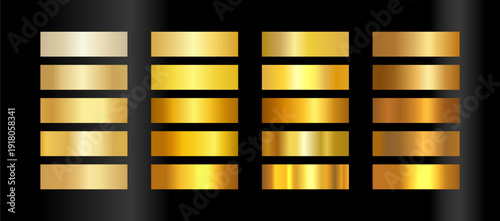 Luxury gold gradient swatches set for vector design. Collection of golden foil textures, yellow brass, polished chrome and bronze metallic effects for elegant branding, labels and premium decor