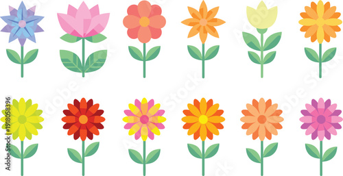 Cute colorful flower icons set vector illustration, cartoon floral collection for kids design, nursery decoration, greeting cards, stickers and spring pattern background