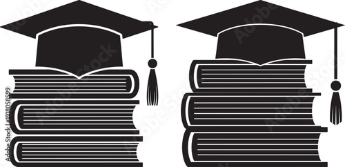 Graduation cap silhouettes on books education stack