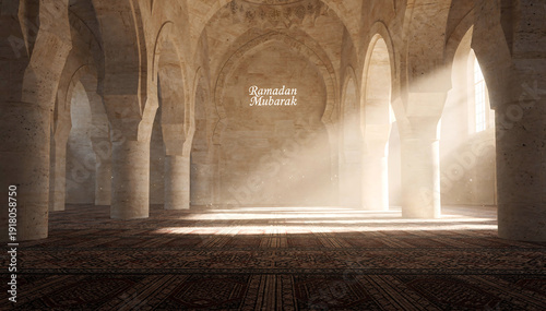 Serene mosque interior with Ramadan Mubarak greeting and sunbeams - ramadan -eid al-fitr