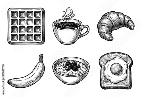 Set of breakfast food and beverage icons in a detailed woodcut engraving style featuring waffle, coffee, croissant, banana, porridge, and fried egg toast.