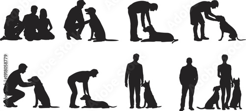 Silhouette people with dogs, pet care, animal companionship, dog training, family bonding, outdoor lifestyle, friendship, love, interaction, happiness