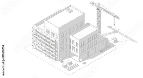 3D Rendering of Building Construction Site Model.