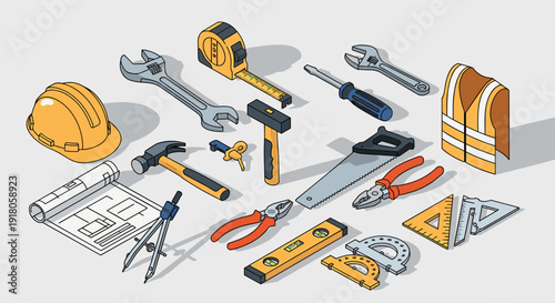 Collection of Various Construction Tools and Equipment.