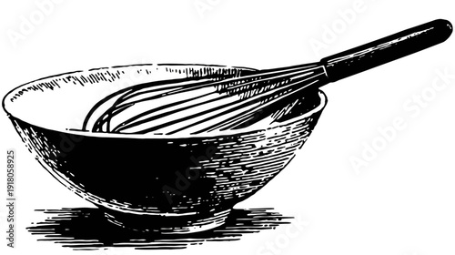 A grayscale line art illustration showing a mixing bowl with a whisk inside, all on a white background